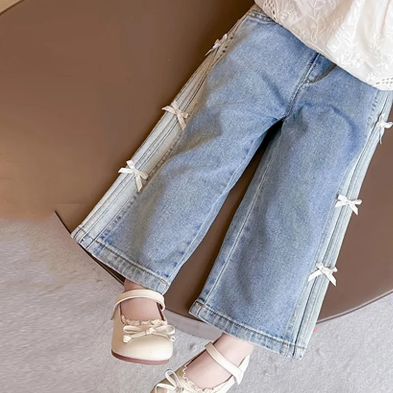 Baby Girls Spring Jeans Kids Summer Bow Denim Pants Children's Straight Wide-leg Trousers Toddler Autumn Loose Clothing 2-8Y image 6