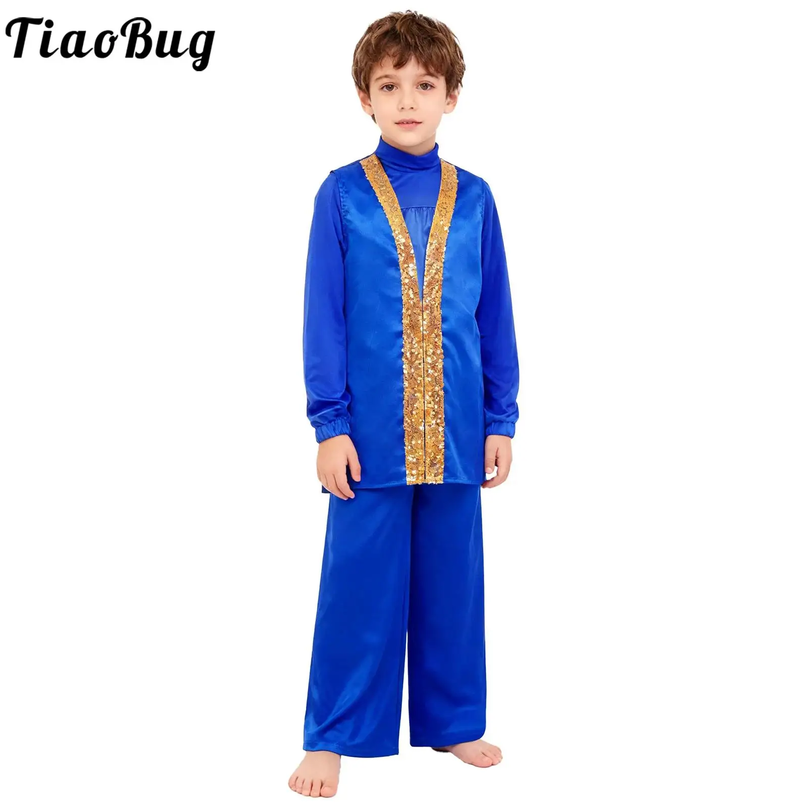 

Kids Boys Praise Dance Outfits Liturgical Worship Set Long Sleeve Zipper Satin Top and Pants Sides Split Sequins Sleeveless Robe