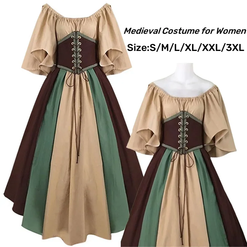 SN60 المرأة القرون الوسطى زي تأثيري خمر فيكتوريا الدانتيل يصل كرنفال حفلة فستان طويل حجم كبير مضيئة كم الكرة ثوب C5 & 8 $