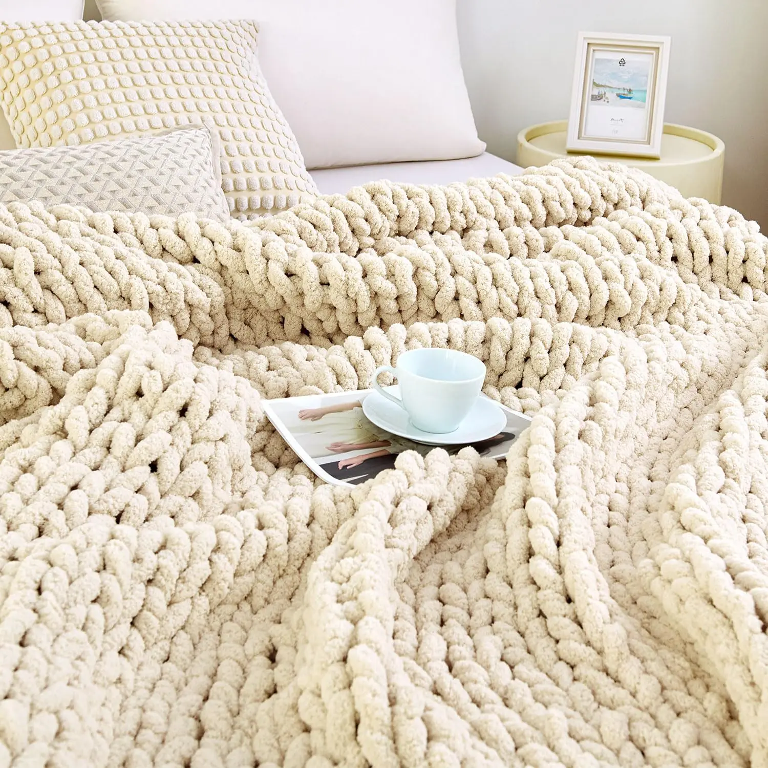 Chunky Knit Blanket Throw 51x63, Hand-Knit Chenille Sofa & Home Decor, Soft Cozy Ivory