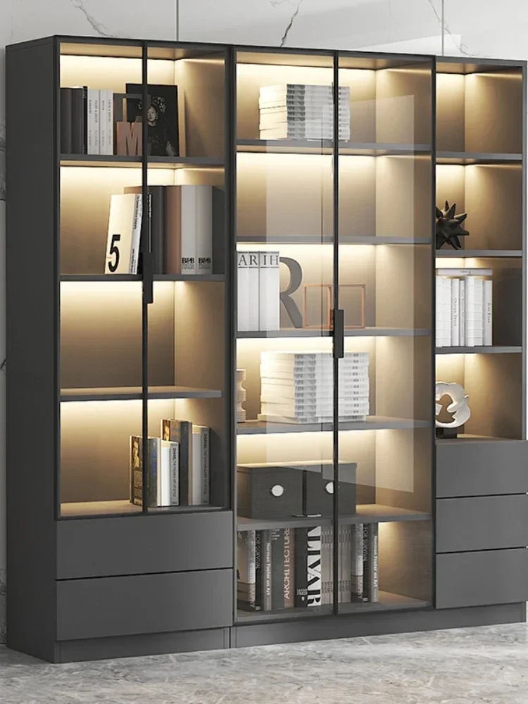 Dust-Proof Bookcase with Glass Door Display Cabinet Modern Light Luxury Customized Home Living Room Integrated Bookshelf