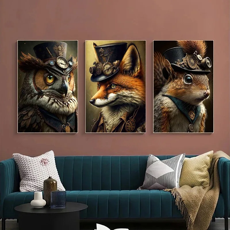 Steampunk Cat Wolf Astronaut Rabbit Poster Art Canvas Painting Retro Funny Animal Tiger Gorilla Poster Living Room Home Decor