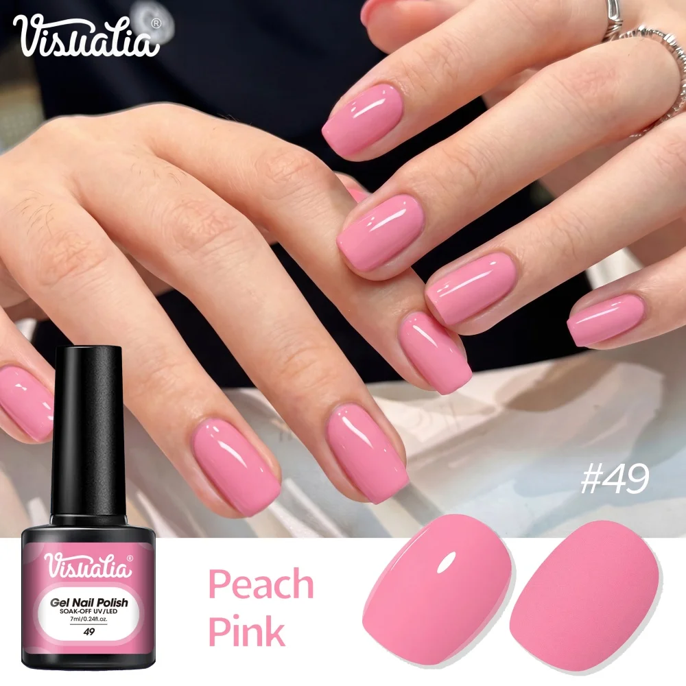 Visuatia 7ml Peach Pink Solid Color Phototherapy Gel, removable UV nail gel. Popular sweet girl colors for all seasons, the gel is smooth and easy to apply. It can be used for simple, solid-color manicures or as a base color for various nail art designs, suitable for a variety of nail art occasions such as dates and outings.