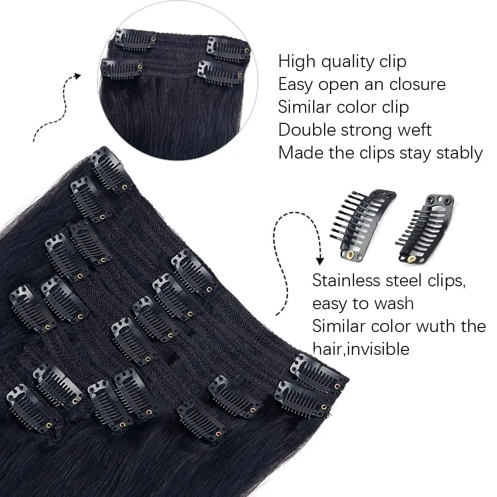 Extensiones de cabello con Clip recto para mujer, cabeza completa, 8 unidades, 120 g/set, cabello humano brasileño Remy virgen 100%, Color negro Natural