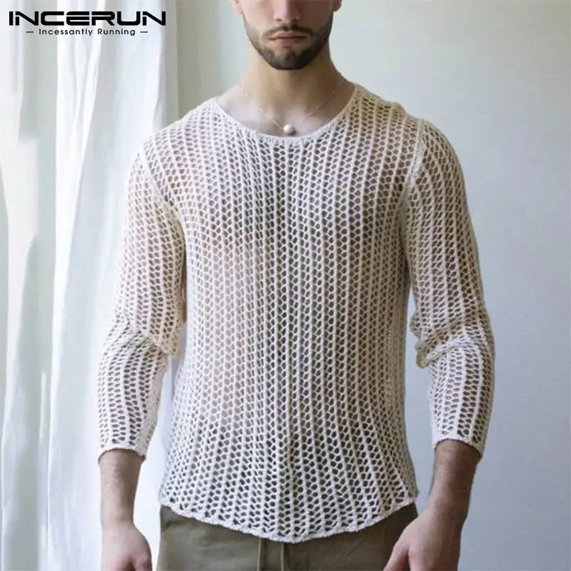 INCERUN Men Mesh T Shirt Transparent Sexy 2023 O-neck Long Sleeve Men Clothing Streetwear Solid Party Nightclub Camisetas S-5XL