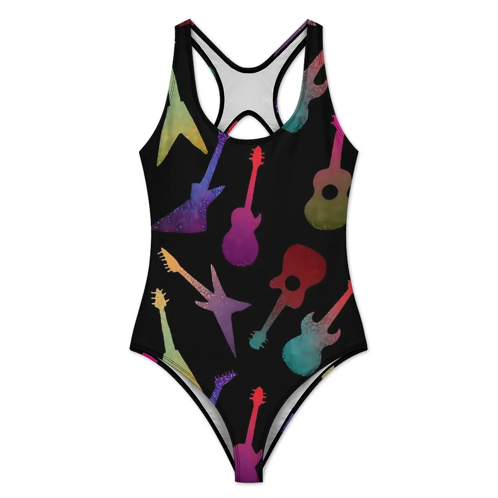 Music Notes Swimsuit Guitars Print Swimwear One-Piece Holiday Rave Bodysuit Hollow Out Bathing Suits Lady Push Up Sexy Beachwear