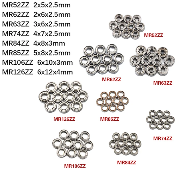 10 SZT. Mini Łożyska do Deskorolki MR52ZZ MR62ZZ MR63ZZ MR74ZZ MR84ZZ MR85ZZ MR106ZZ MR126ZZ 2x5x2.5/2x6x2.5/3x6x2.5/4x7x2.5mm