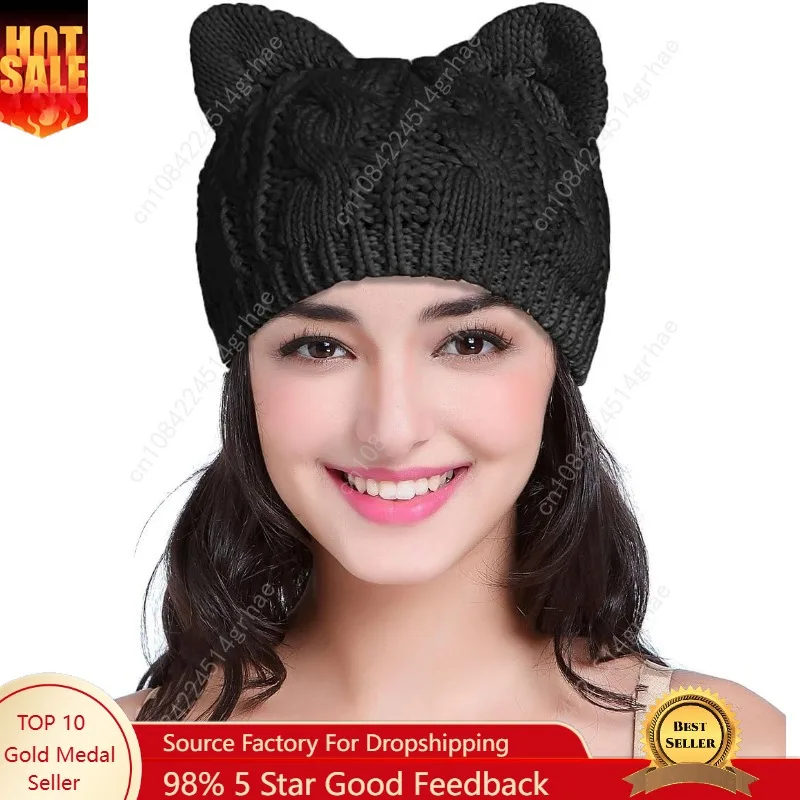 

v28 Women Men Girls Boys Teens Cute Cat Ear Knit Cable Rib Hat Cap Beanie