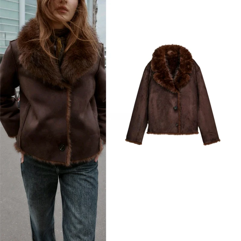 

American Sle Women's Long Sve Double-Faced Synthetic Fur Jaet Coat Warmth Flip Collar Outerwear Polyester Fiber