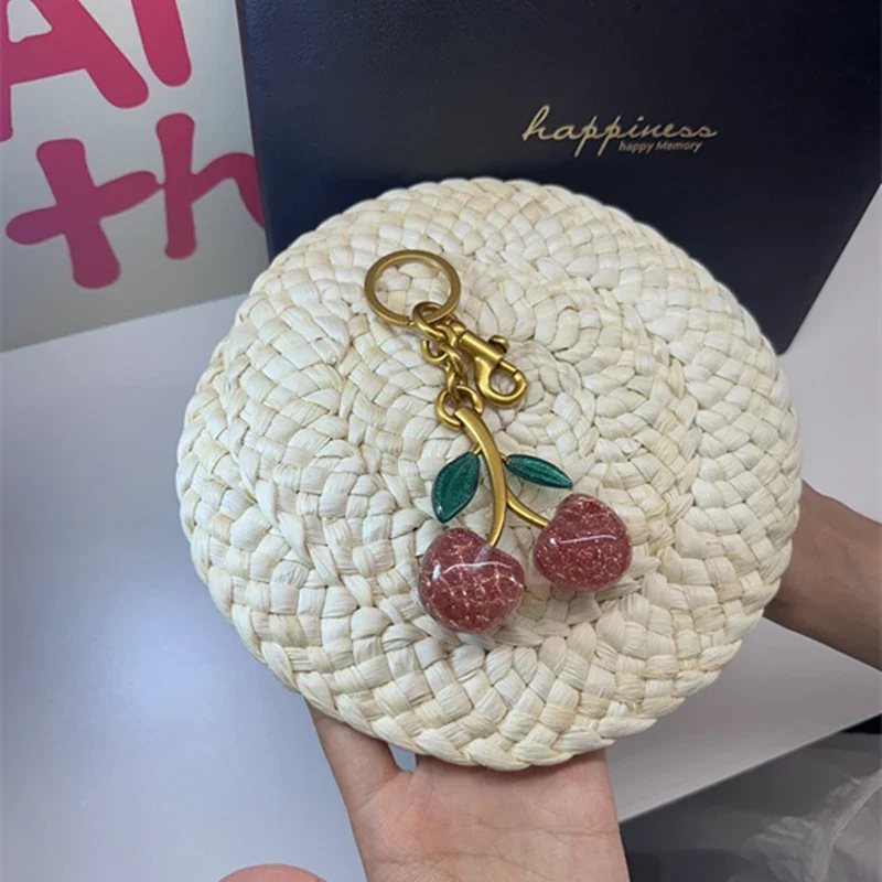 Pink Crystal Cherry Pendant For Coach Handbag Women\'s Shoulder Bag Decoration Accessory Keychain Bag Attachment Part