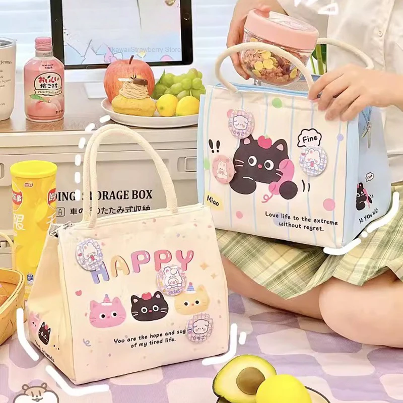 Kawaii Thermal Lunch Bags For Women Girl Kids Cute Portable Lunch Box Accessories Tote Bag Large Bento Pouch Food Storage Bags