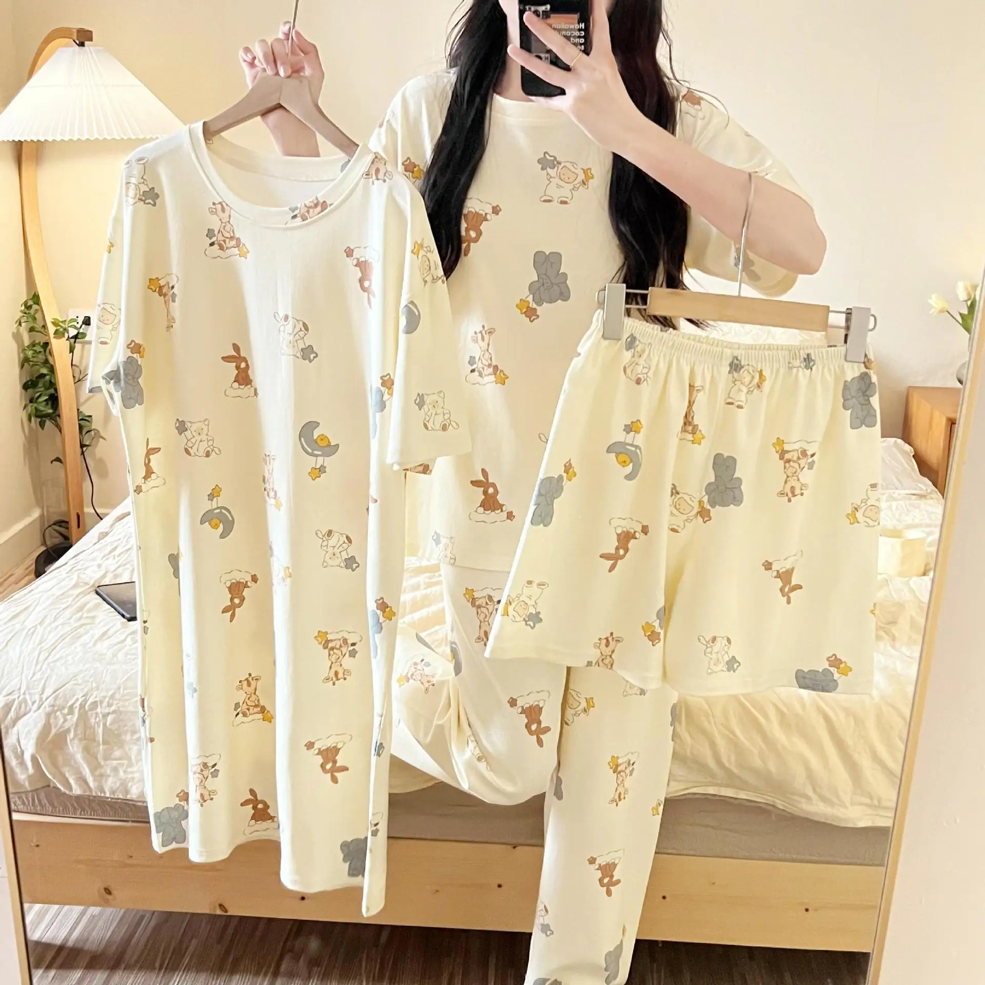 4 قطعة مجموعة بيجامة المرأة قصيرة الأكمام المحملة قصيرة فستان نوم طويل الربيع الصيف في الهواء الطلق المنزل ارتداء الفتيات طالب ثوب النوم مجموعة