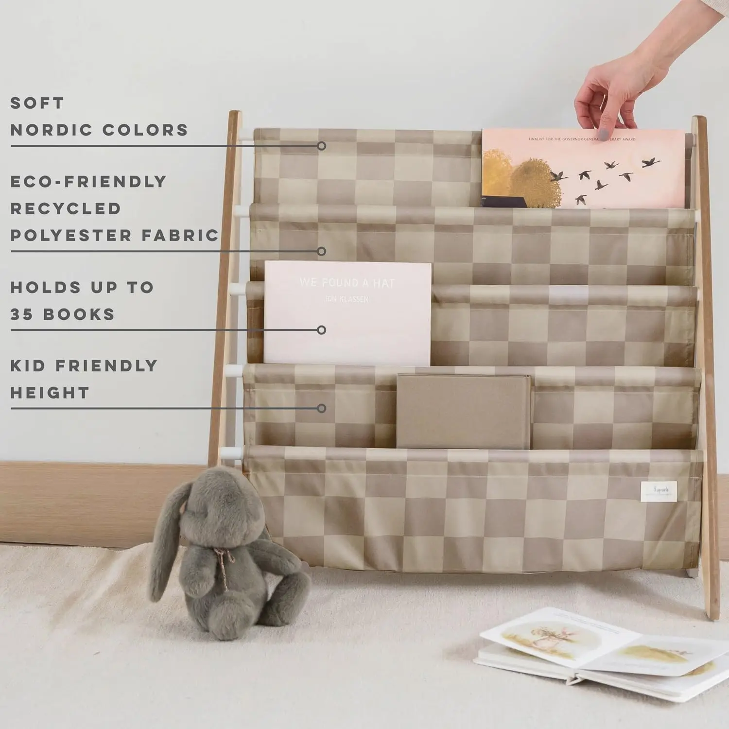 4-Tier Recycled Fabric Kids Bookshelf - Sling Book Rack Organizer for Toddlers Age 3+ - Checkered Beige