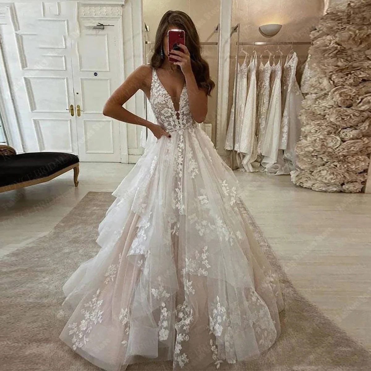 Nuovo abito da sposa con scollo a v senza maniche Applique scintillante in rilievo lunghezza del pavimento abiti da ballo da sposa splendida illusione Vestidos De Novia