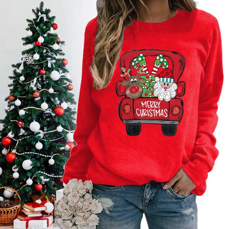 Kaus lengan panjang grafis untuk wanita, Sweatshirt motif truk Natal lengan panjang lucu