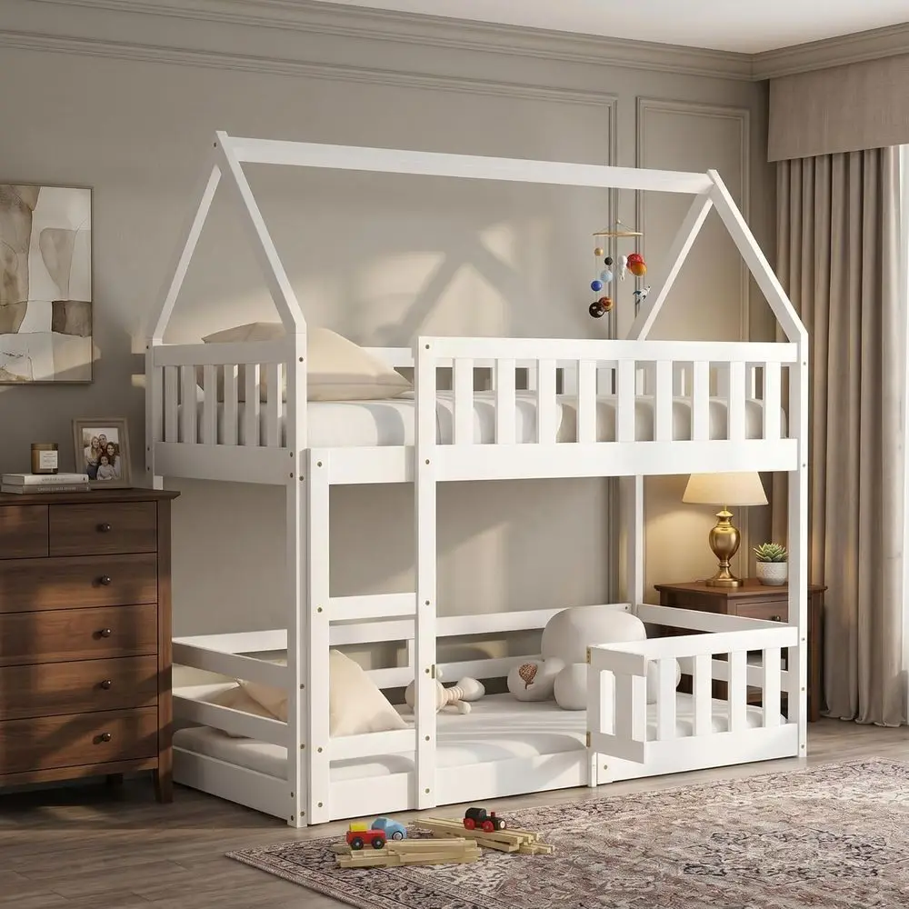 

White Twin-Over-Twin Wooden Bunk Bed with Storage and Door, No Box Spring Needed