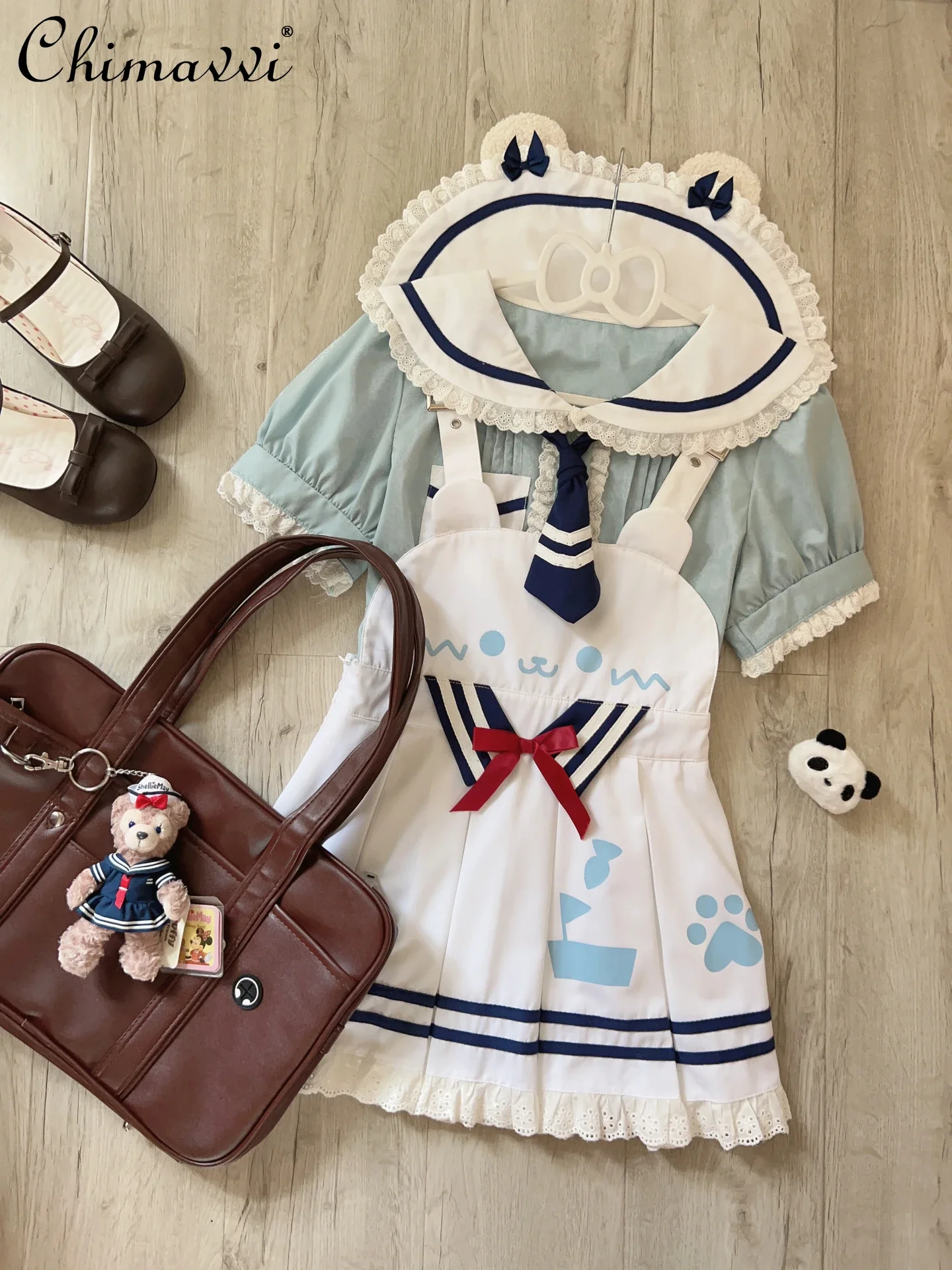 

Cute Girl Summer New Student Bowknot Bear Ear Short Sleeve Sailor Collar Shirt Top Cartoon Suspender Skirt Y2k 2 Piece Set