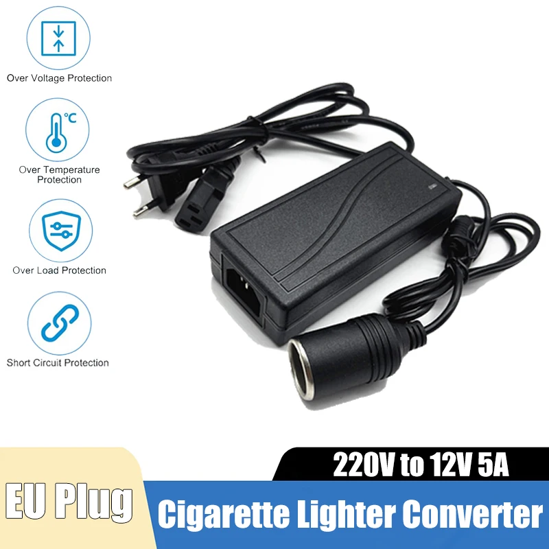 220V to 12V 5A Car Cigarette Lighter Socket Power Adapter 60W AC to DC Converter EU Plug for Air Pump Fan Car Accessories