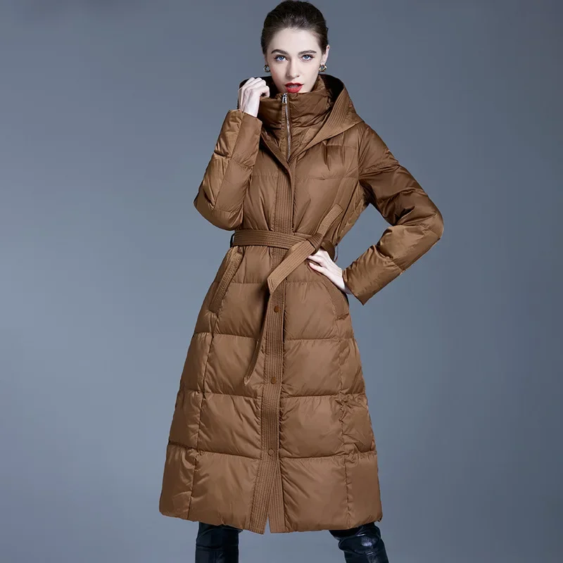 Autumn and Winter New White Duck Down for Women Mid To Long Style, Waist Cinched Hood Thickened Warm Jacket