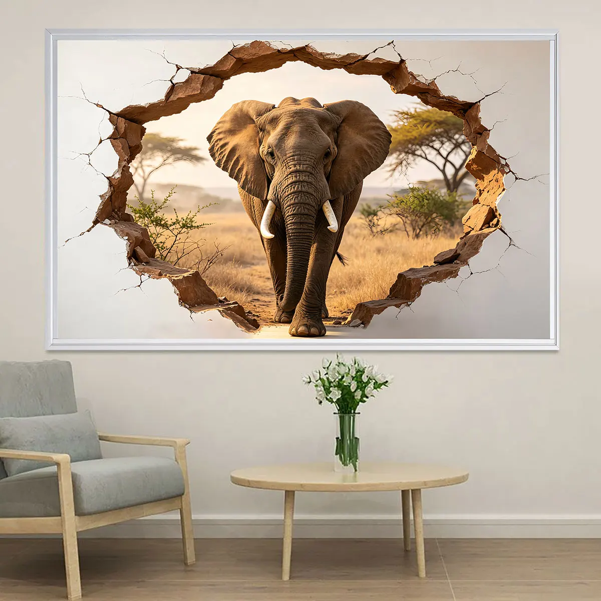 PVC simulation wall sticker of an elephant breaking through the wall, featuring decorative painting, and waterproof design
