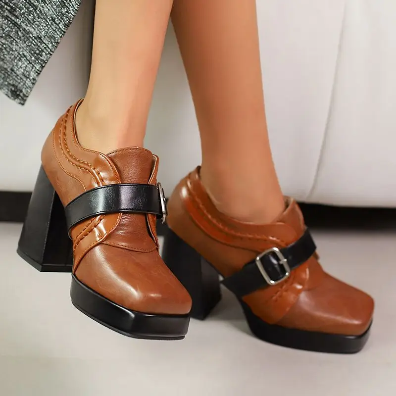 

ASILETO брендовые винтажные женские туфли-лодочки с квадратным носком на высоком каблуке 9,5 см, платформа 2 см, пряжка ремня, разноцветные, большие размеры 46 47 48