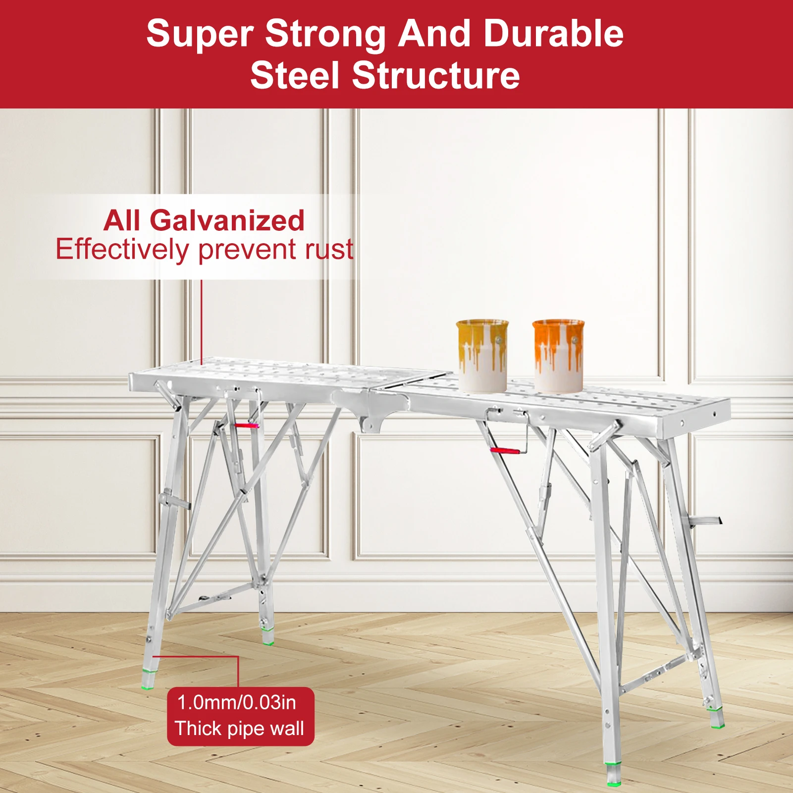 Portable Scaffolding, Height Adjustable Steel Workbench, 330 Load Capacity, Portable Drywall Painting Stool