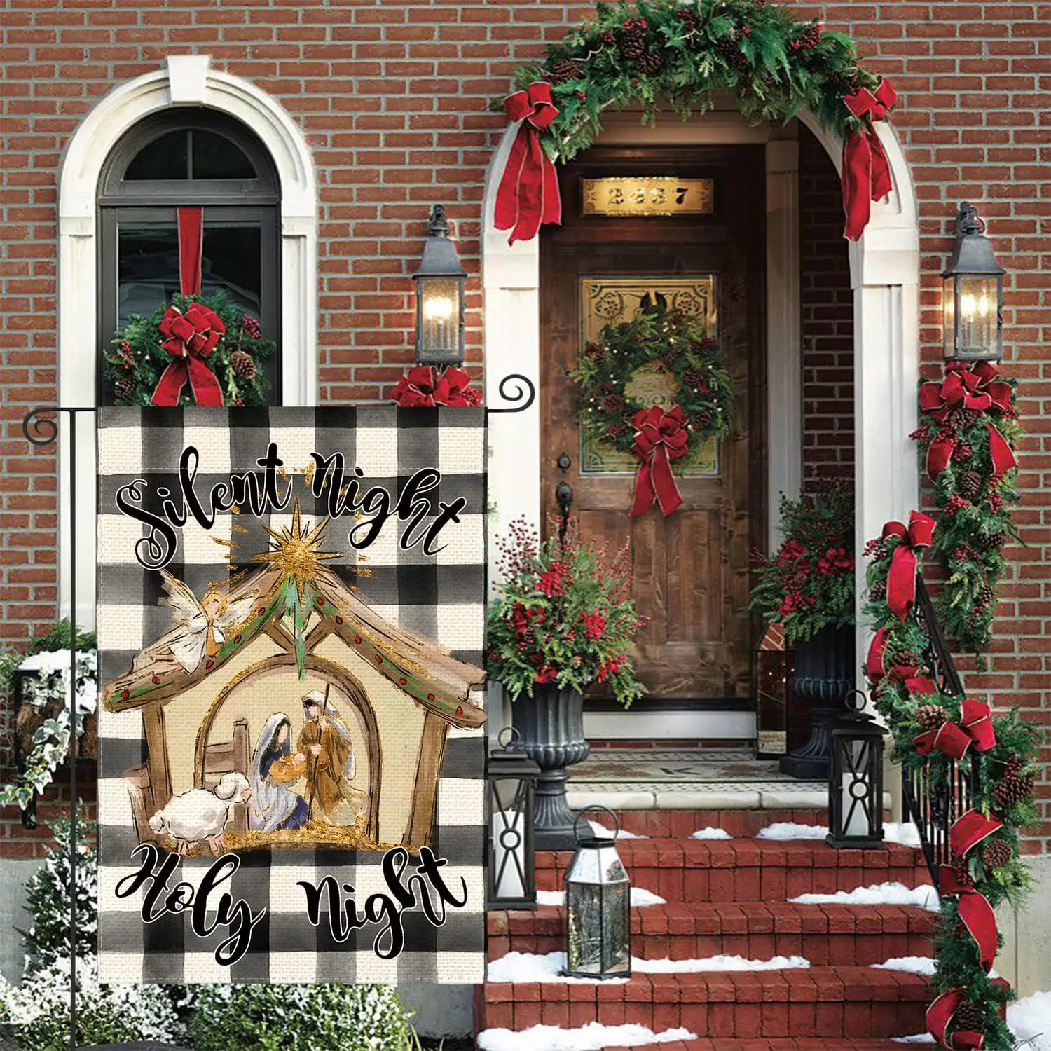 AVOIN colorlife Christmas Buffalo Plaid Nativity Silent Holy Night Garden Flag 12x18 Inch Double Sided, Jesus Christian Wint SSL