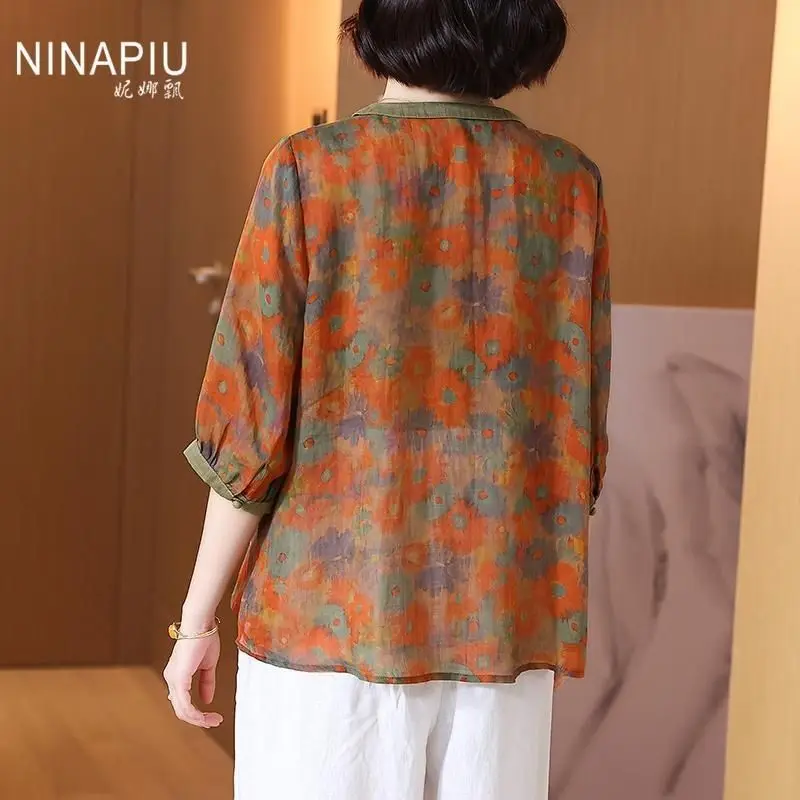 Ramie top for women 2025 summer new style centre-sleeved retro style loose and slim versatile cardigan T-shirt