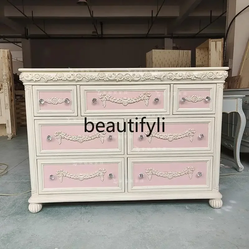 

A16 French solid wood carving flower retro seven-chest cabinet storage locker pink dressing decorative cabinet