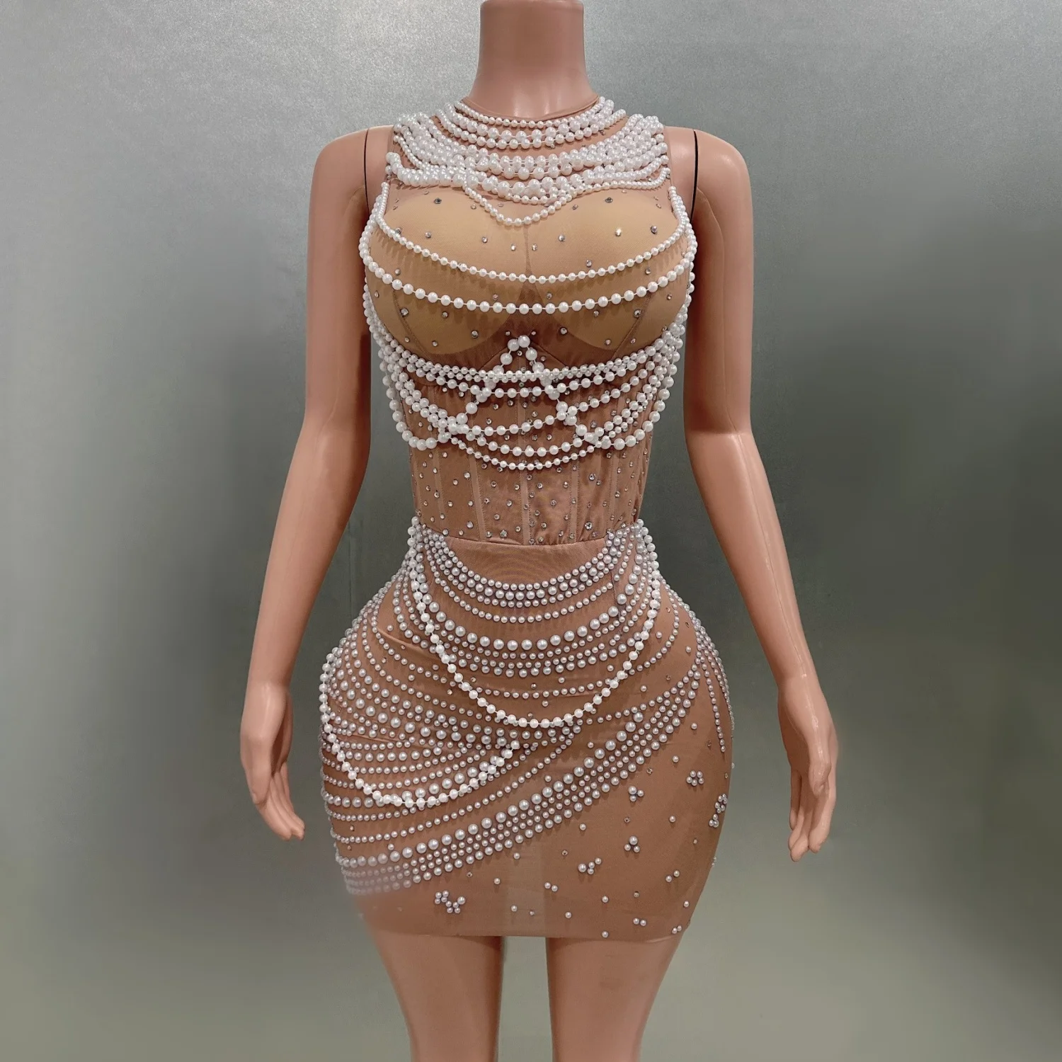 

Pearls Chain Sexy Beading See-Through Sheath Mini Dress Evening Party Performance Costume Bar Nightclub Singer Stage Wear