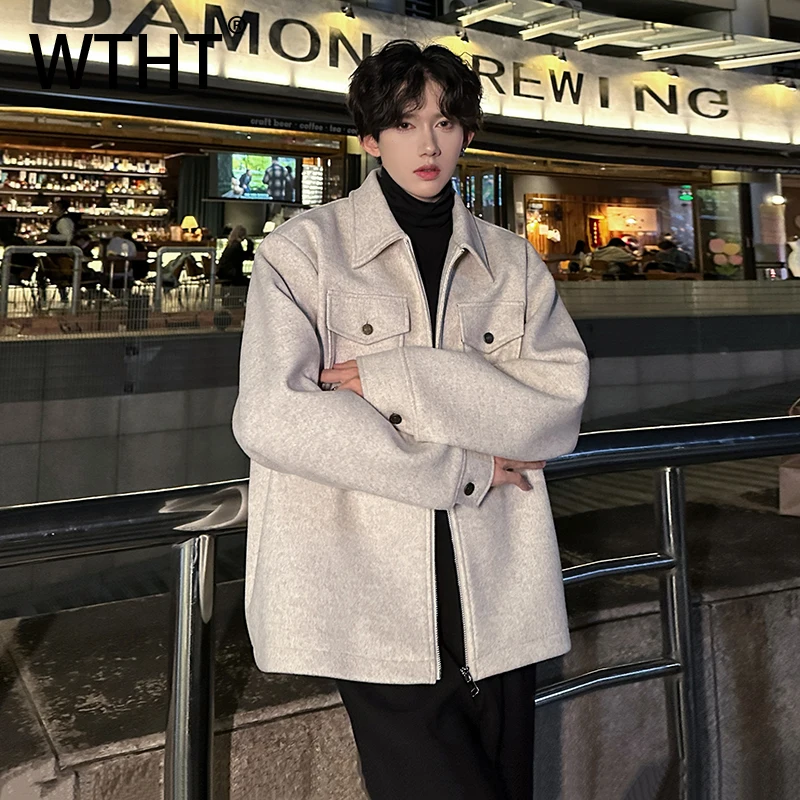 

WTHT модные мужские однотонные пальто со сращенными карманами, модные осенние куртки в корейском стиле 2023, мужские куртки с отложным воротником 2A2168