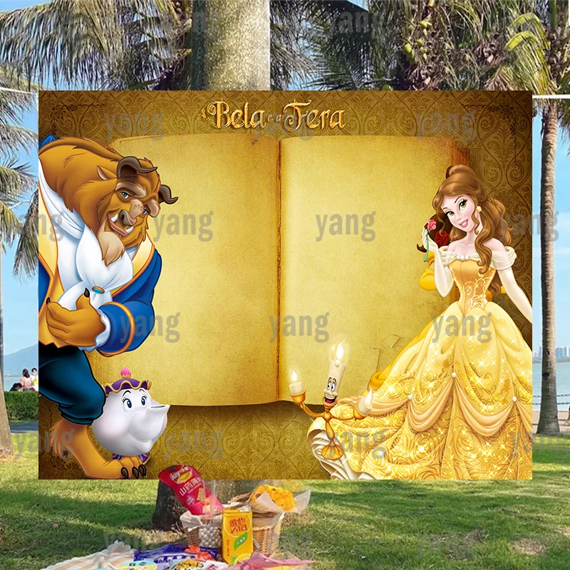 Cartone animato personalizzato romantico Disney Beauty and the Beast Cute Belle Princess Girls Baby Happy Rose Birthday Party sfondo