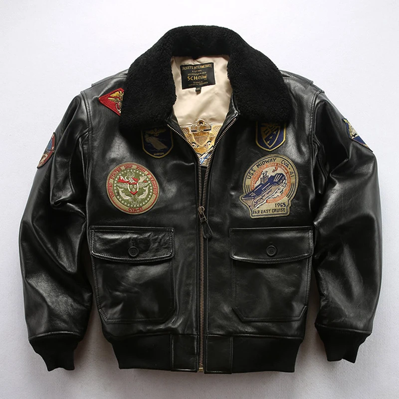 Classic Vintage Aviator Bomber Jackets Man Plus Size Embroidery Outdoor Thick Real Leather Clothers