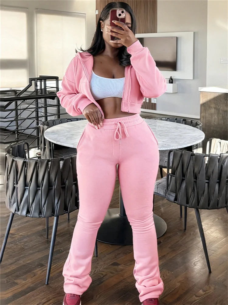 Dziwne, sportowe komplety dresowe damskie na zimę, modne bluzy z kapturem na zamek błyskawiczny + spodnie ze sznurkiem, pasujące, codzienne, klasyczne, jednolite, ciepłe zestawy.