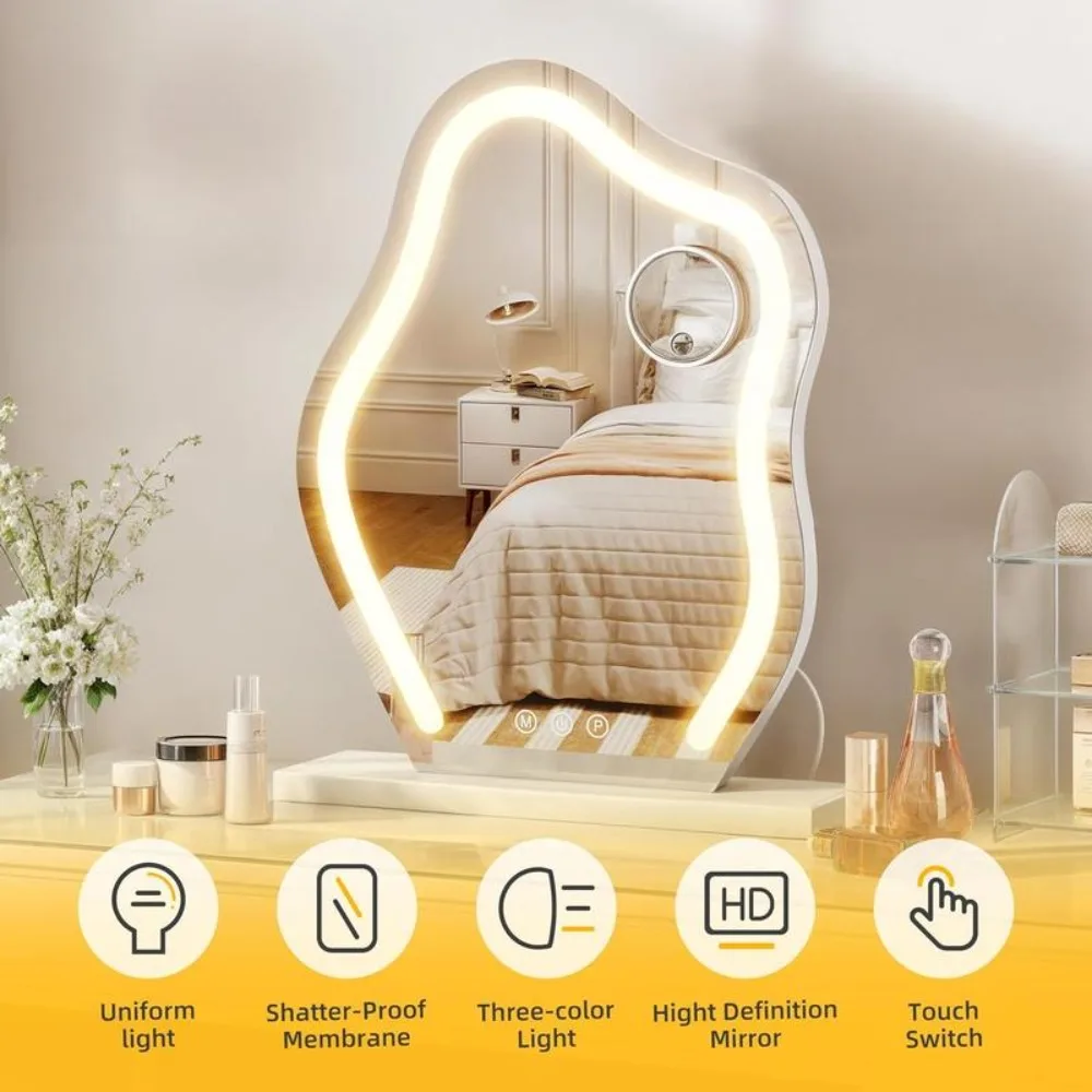 Vanity Mirror with LED Lights, Large Makeup Mirror Cloud Shape, Smart Touch Dimmable Light & 5X Magnification