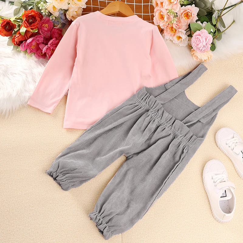 Autumn New Sets 1-5 Years Pink Top + Grey Overalls Korean Style Suits Stylish Girls Vacation Holiday Clothes