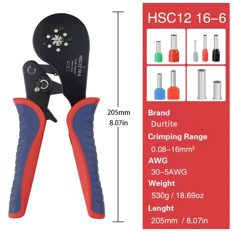 أداة العقص الطويق HSC12 16-6 كماشة صغيرة طرفية أنبوبية لمحطات كبيرة الحجم المشابك الكهربائية 0.08-16mm2/30-5AWG