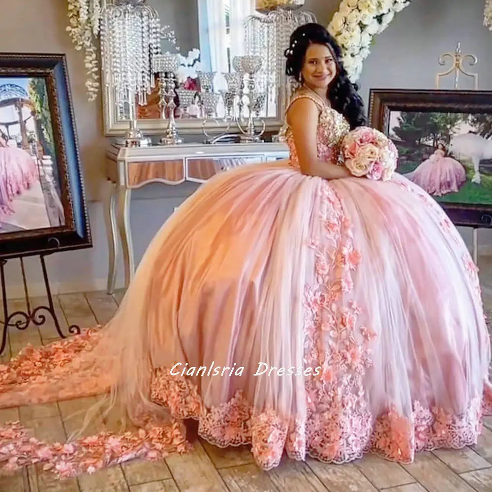 Vestido de quinceañera rosa con tirantes finos, vestido de quinceañera con lentejuelas doradas, sin mangas, dulce, 16, para fiesta de graduación