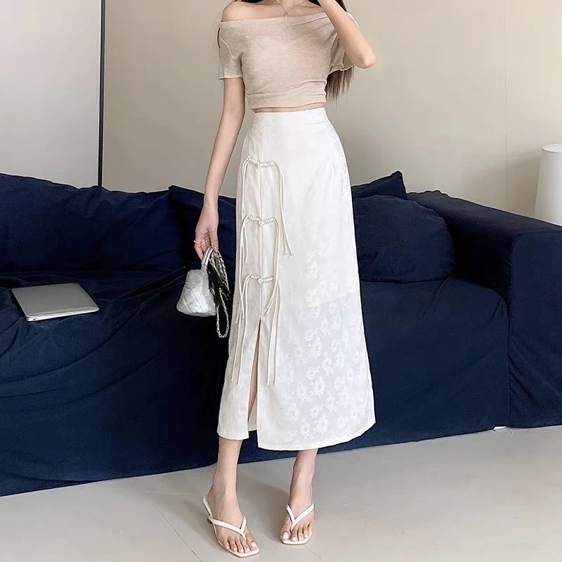 

Длинные юбки в китайском стиле, весна-лето, винтажная элегантная женская юбка, модная трапециевидная юбка с высокой талией, милая Jupe Femme