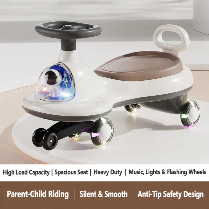 Kids Fashion Rocking Ride-On Car Ages 2-6 Year Tip-Resistant Swing Car with Music Lights and Quiet Flash Omnidirectional Wheels