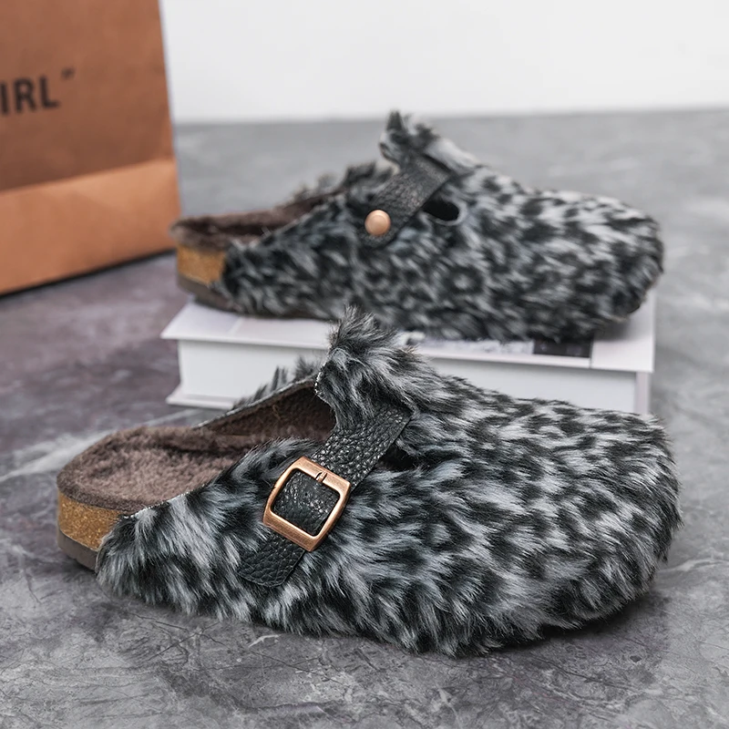 ليوبارد طباعة أفخم نِعال من الفراء للجنسين الشتاء الفلين النعال داخلي المنزل أحذية الانزلاق على الصنادل مع مشبك قابل للتعديل مغلق اصبع القدم #3