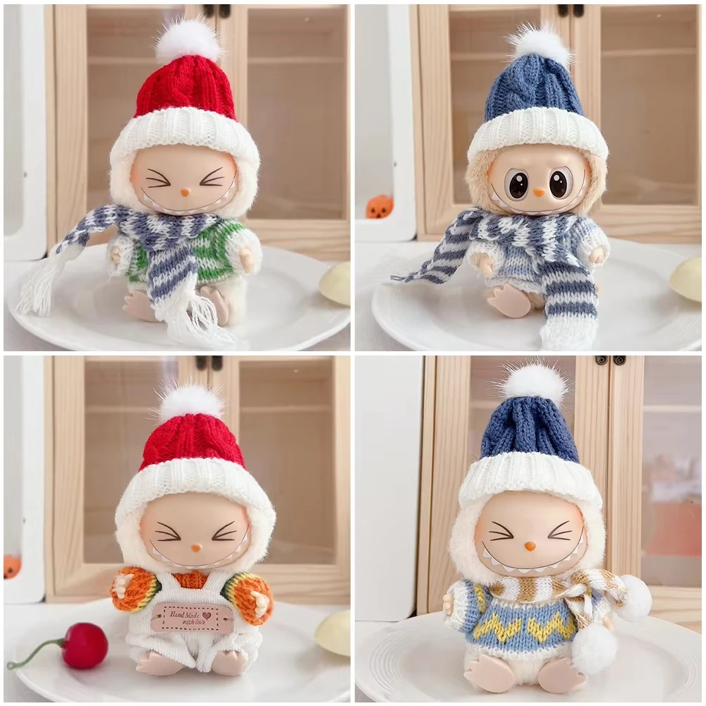 

Clothes For Labubu 1st - 3rd Gen 15/17cm Dolls Winter Knitwear Outfit Set Pom Pom Beanie Scarf Sweater Overalls Combo