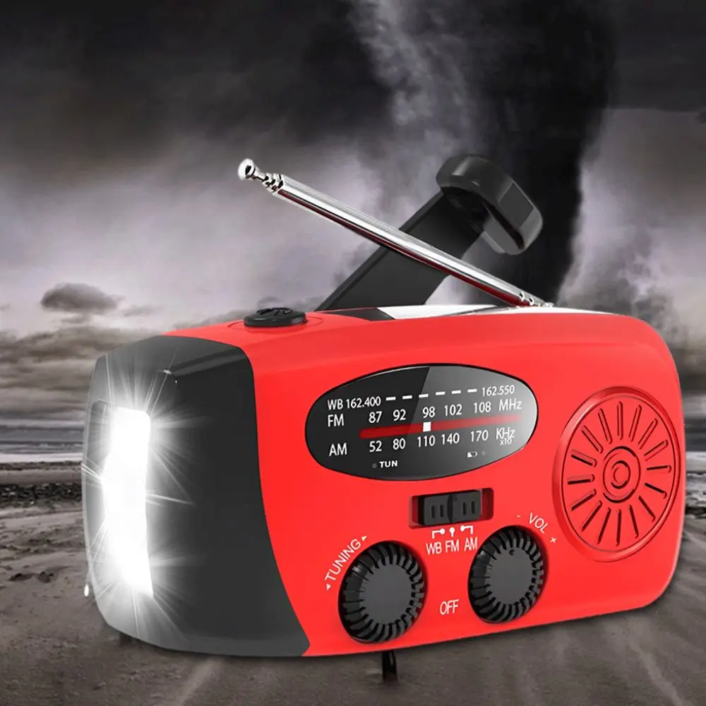 Tragbares Solar-FM-Radio, USB-Aufladung, 2000 mAh, AM/FM-Wetterradio, Handy-Aufladung, rote Handkurbel-Generatorbeleuchtung