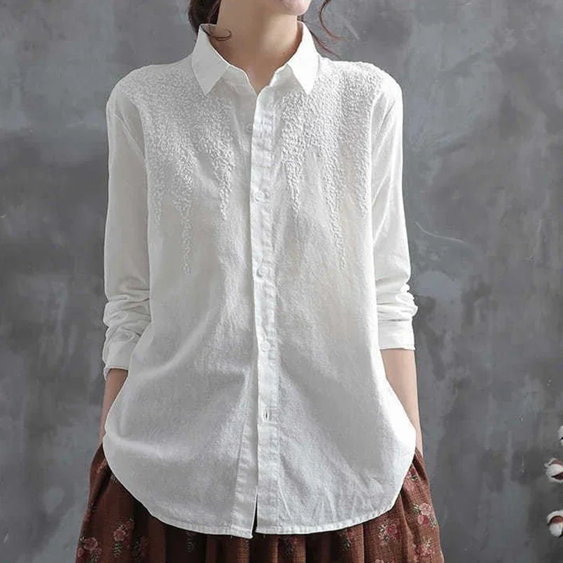 

Vintage Cotton White Embroidered Long Sleeve Women Shirt 2024 New Lapel Buttons Casual Fashion Wild Blouse Female Clothes B218