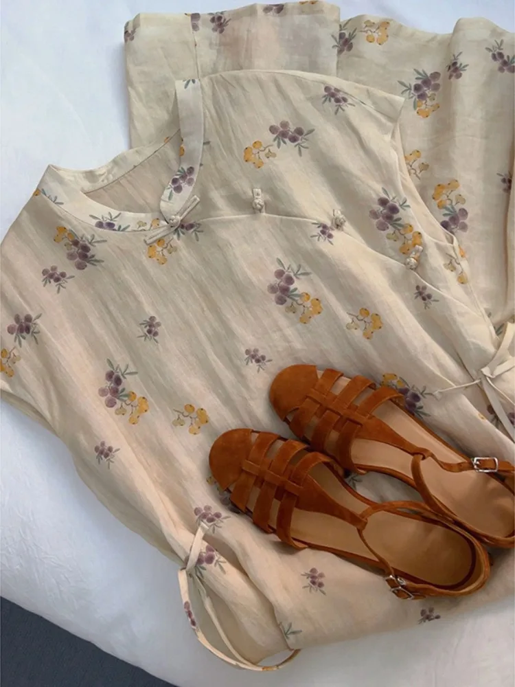 Chinese Sle Vintage Zijde Katoen Linnen Bloemenprint Dr Vrouwen Zomer Zijknop Taille Cinched Beltl Zwart...