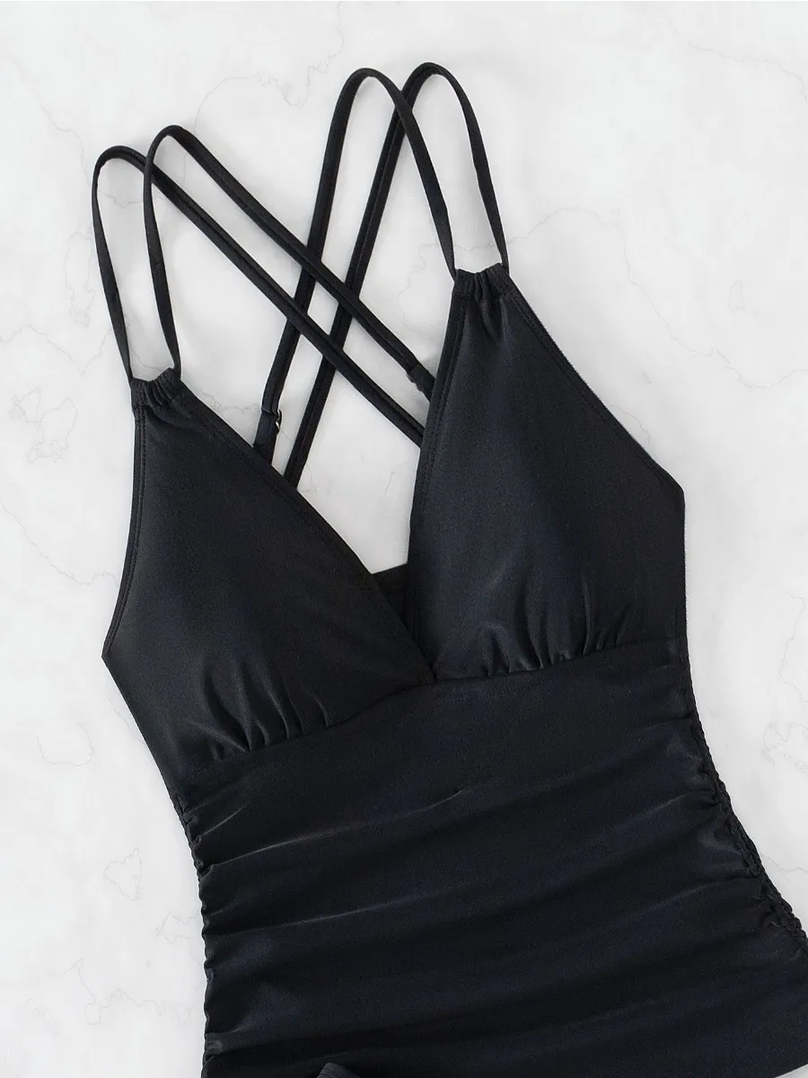 2025 Tankini jednokolorowy strój kąpielowy kobiety wysokiej talii dekolt w serek 2-częściowy strój kąpielowy bikini z szelkami sznurowane stroje kąpielowe bez pleców