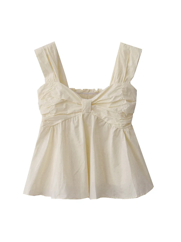 

2025 Summer New French Sweet Pleated Bow V-neck Fashion Trend Vest Suspender Women's Beautiful Chic Top Aesthetic Little Fresh