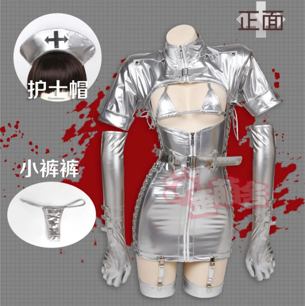 AGCOS Darkness Maid Dark Nurse Leather Girl Photography Cosplay Costume Woman Lovely Sexy Lingeries Cosplay Silver Version