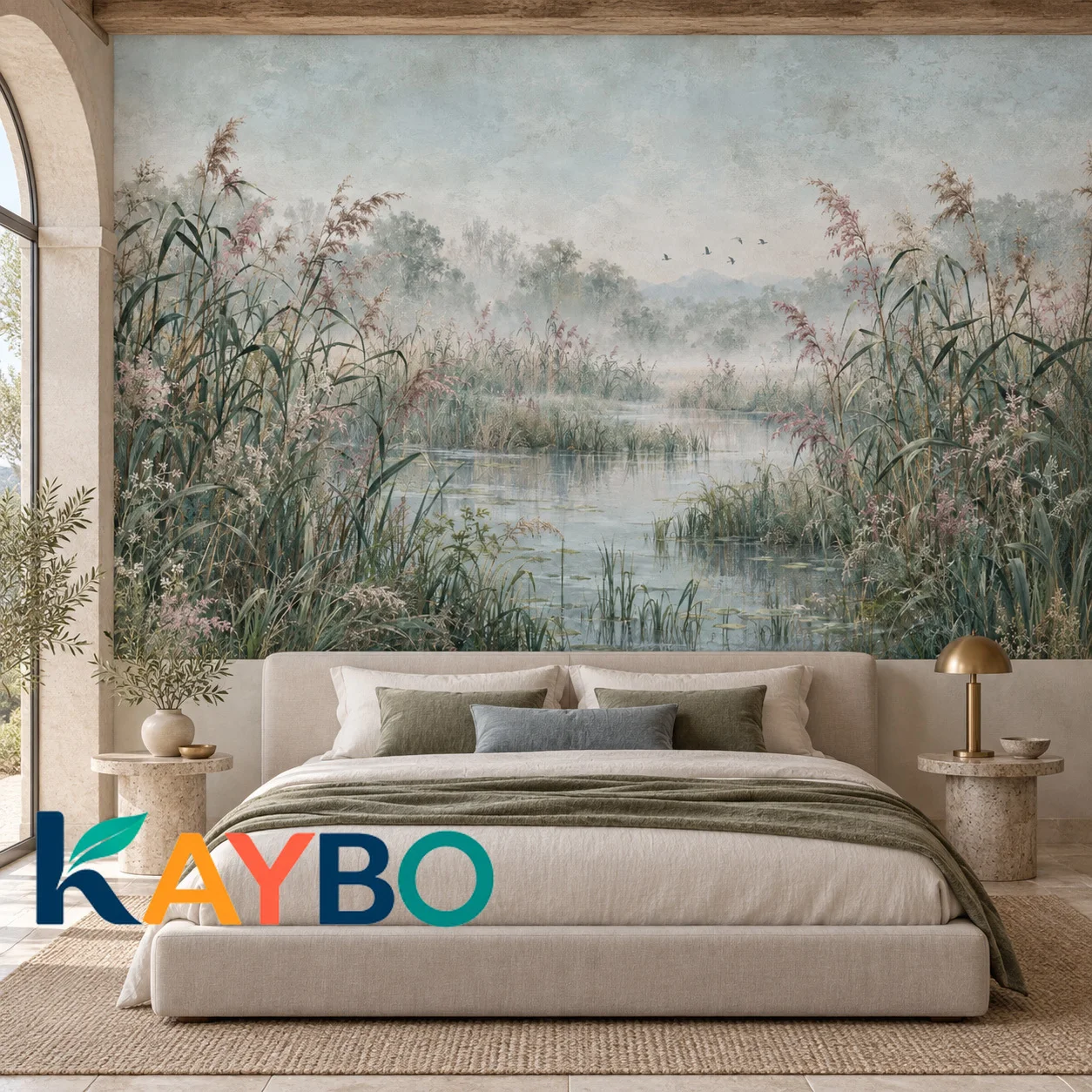 Wetland Landscape Wall Mural Misty Marsh Pond Wallpaper Reed Grass Nature Decor Non Self Adhesive Living Room Bedroom Wall Decor