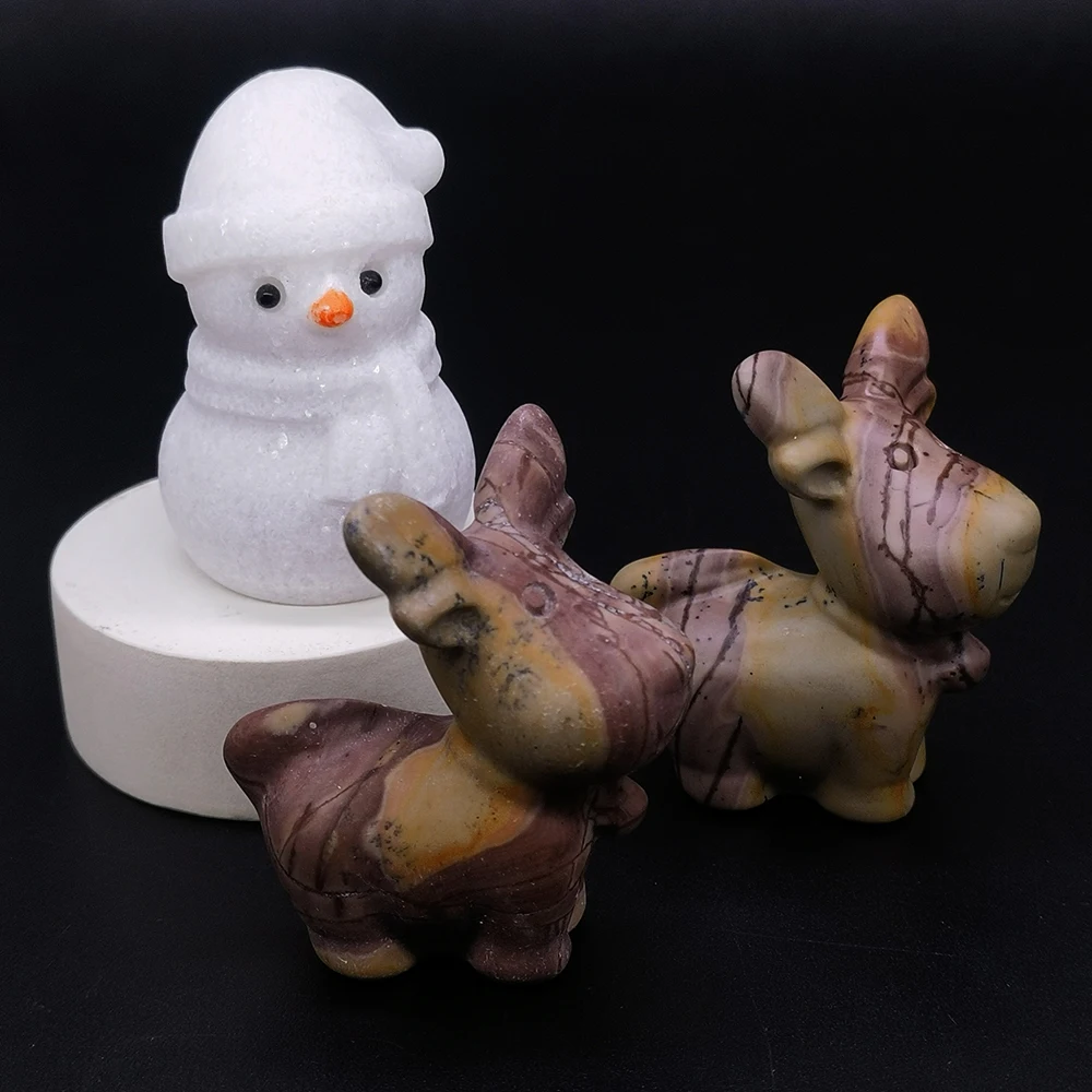 

2025 New Elk Christmas Deer and Snowman Statue Natural Crystal Stone Gem Handicrafts Artworks Christmas Home Decor Ornaments